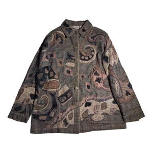 Vtg Y2K Chico's Taupe Brown Paisley Applique Button Up Collared Jacket 2 L